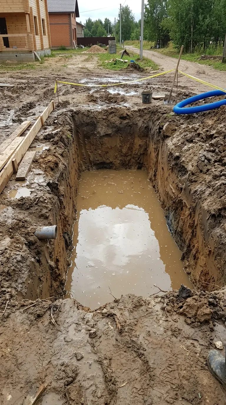 Котлован под септик заполнен грунтовыми водами при высоком УГВ